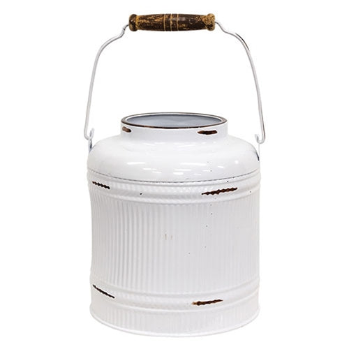 Distressed White Metal Ribbed Flower Garden Bucket w/Handle