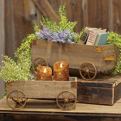 2/Set - Natural Wooden Wagons w/Rusty Wheels