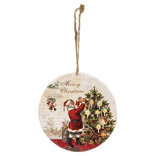 Vintage Postcard Santa Round Metal Ornament