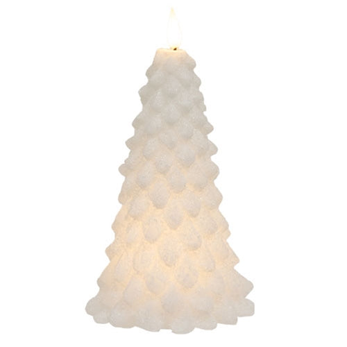 White Glittered Christmas Tree Timer Candle 8.5"H