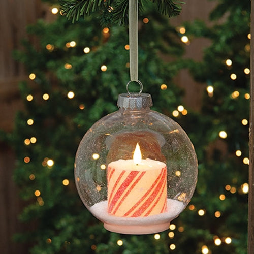 6" Bulb Ornament w/Candy Cane LED Candle