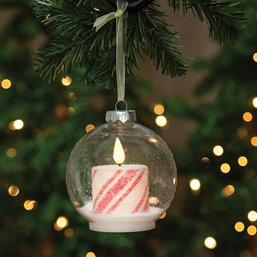 4" Bulb Ornament w/Candy Cane LED Candle