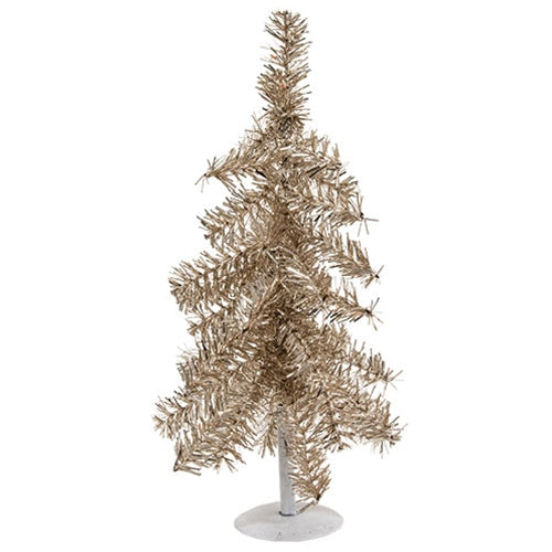 Silver Tinsel Christmas Tree on Distressed White Metal Base 16"H