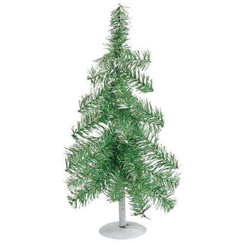 Green Tinsel Christmas Tree on Distressed White Metal Base 16"H