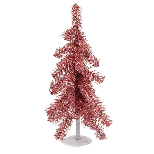 Pink Tinsel Christmas Tree on Distressed White Metal Base 16"H