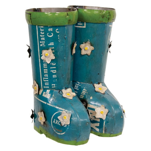 Vintage Blue Metal & Daisies Rain Boots Planter