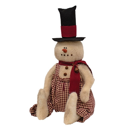 Stuffed Sitting Snowman w/Top Hat & Gingham Overalls