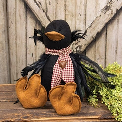 Stuffed Sitting Crow w/Gingham & Bell Scarf