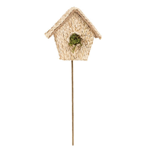 Natural Woven Seagrass Mossy Birdhouse Pick