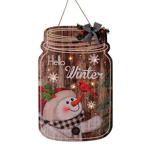 Wooden HELLO WINTER Mason Jar Ornament w/LED Light