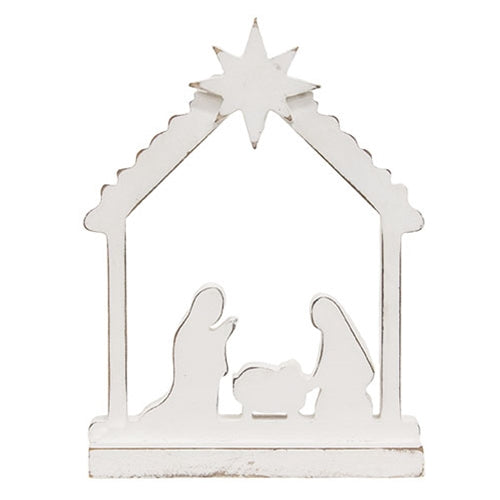 Distressed White Wood Nativity Silhouette Block