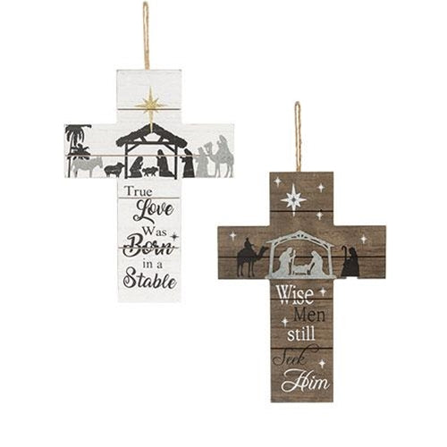 Slatted Wood Hanging Nativity Cross 2 Asstd.