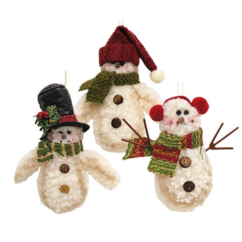 Fuzzy Snowman w/Scarf Ornament 3 Asstd.