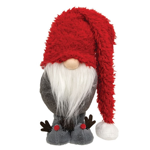 Fluffy Red Standing Gnome w/ Reindeer Slippers