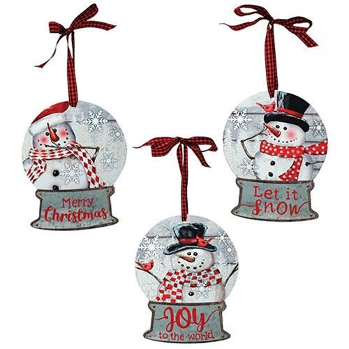 Snowman Snow Globe Wood/Metal Ornament 3 Asstd.