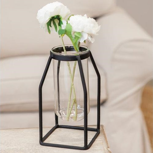 Glass Tube Vase w/Metal Frame Wide