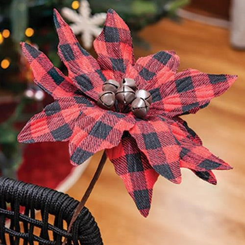 Buffalo Check Jingle Bell Poinsettia Stem 9.5"