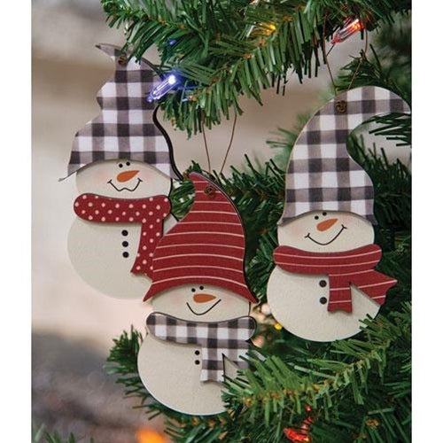 3/Set Wooden Buffalo Check Hat Snowman Ornaments