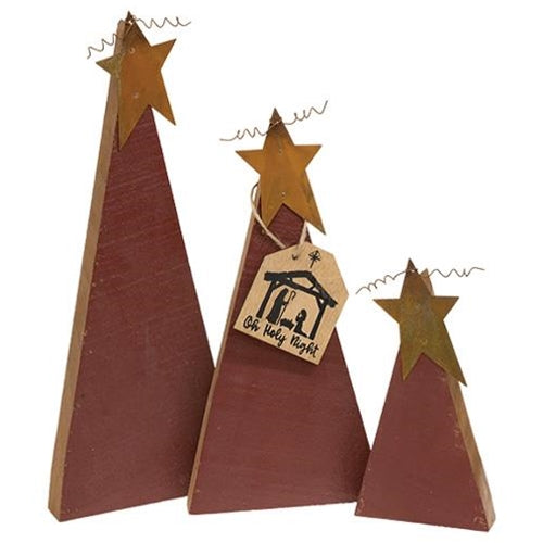 3/Set Distressed Rustic Wood Red Christmas Trees