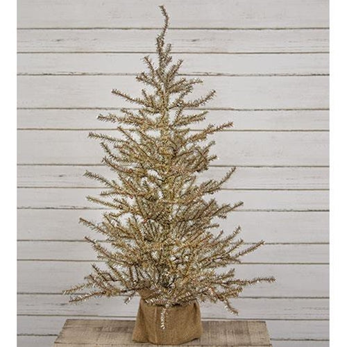 Antiqued Silver Tinsel Tree w/Burlap Base 4ft