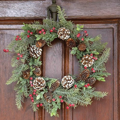 Frosty Cedar Pinecone & Red Berry Wreath