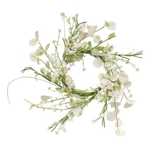 White Wild Flowers and Silver Dollar Wreath 14"