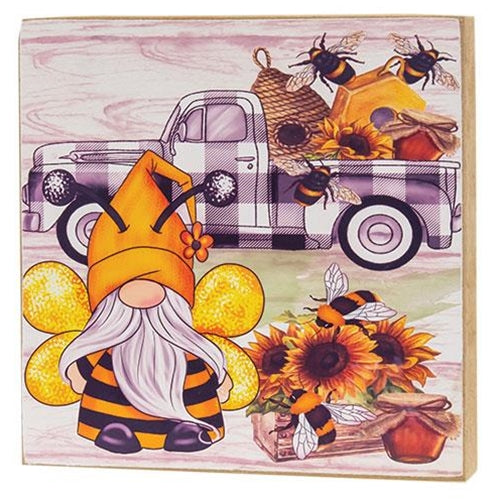 Bumblebee Gnome w/Buffalo Check Truck Square Block