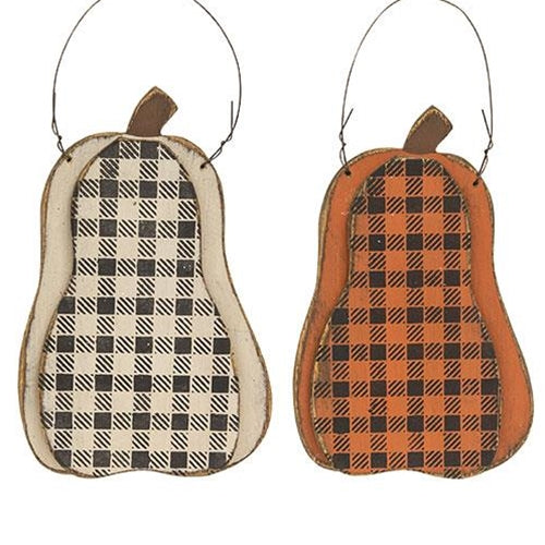 Layered Wood Buffalo Plaid Hanging Pumpkin 2 Asstd.