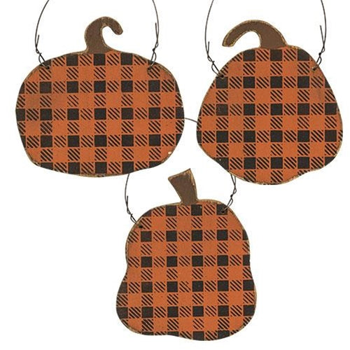 Distressed Black & Orange Buffalo Check Pumpkin Ornament 3 Asstd.