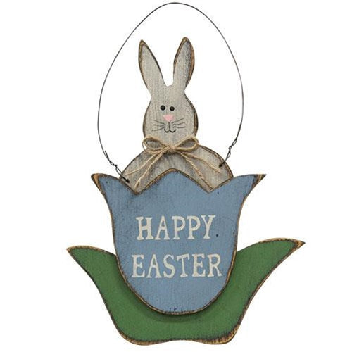 Distressed Wooden Happy Easter Bunny Tulip Hanger