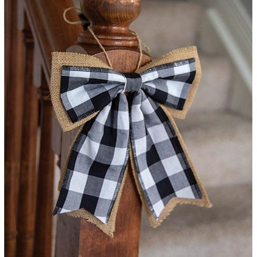 Black & White Buffalo Check & Burlap Bow