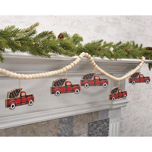 Wooden Red Buffalo Check Truck Beaded Garland