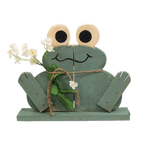Rustic Wood Happy Frog on Base w/Flowers