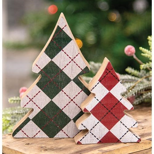 2/Set Distressed Wooden Plaid Christmas Trees