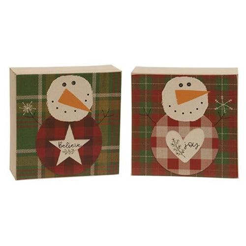 Believe Or Joy Plaid Snowman Box Sign 2 Asstd.