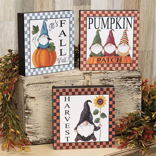 Fall Gnome Checkered Box Sign 3 Asstd.