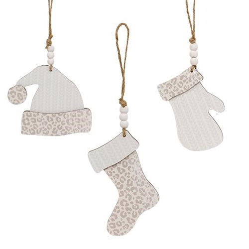 White Cheetah Print Winter Clothes Ornament 3 Asstd.