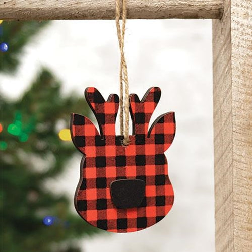 Red & Black Buffalo Check Reindeer Head Ornament