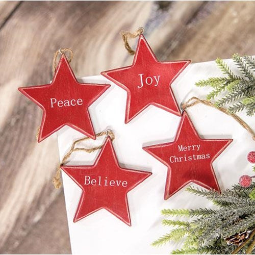 Red Star Christmas Words Ornament 4 Asstd.