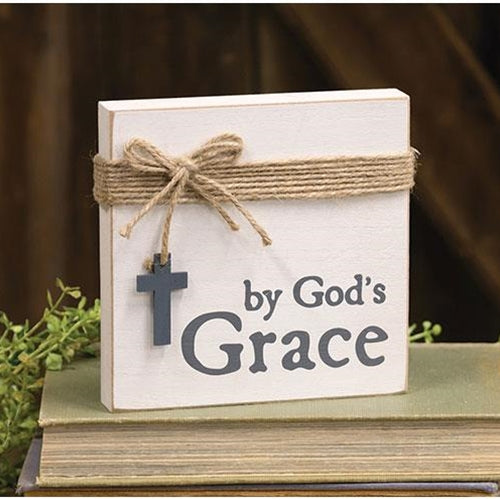 By God's Grace Square Block w/Jute & Cross Charm