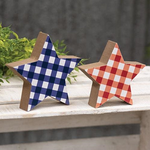 2/Set Blue & Red Plaid Wooden Stars