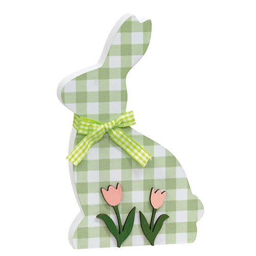 Green & White Buffalo Check Bunny w/Tulips Sitter