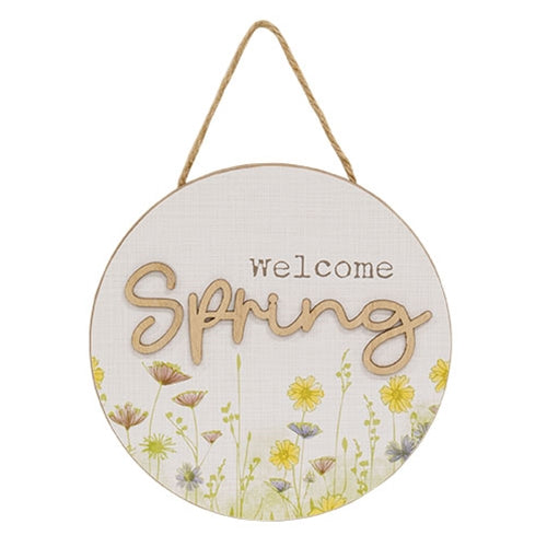 Welcome Spring Round Wildflowers Hanging Sign