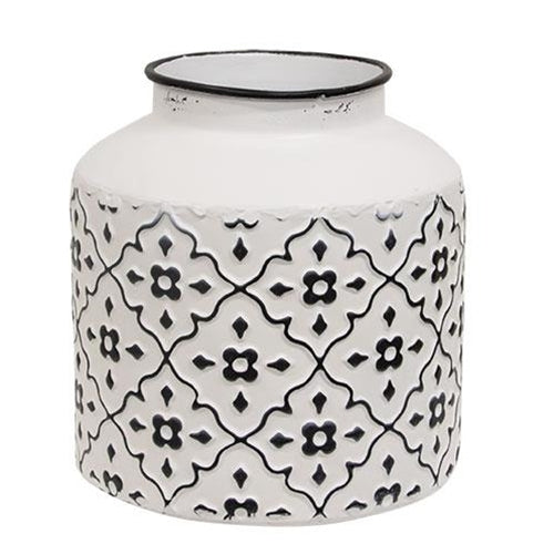 Black & White Floral Patterned Metal Vase Short