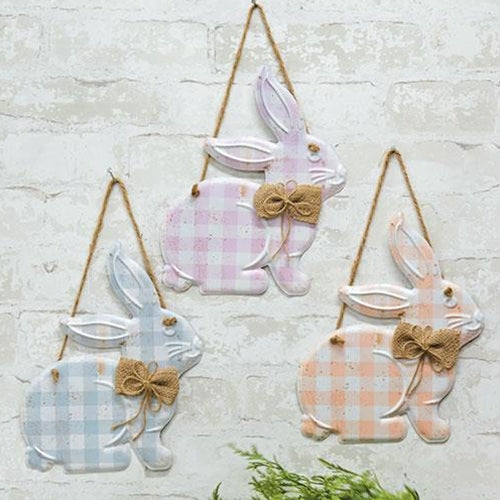 Gingham Bunnies Hanging Metal Sign 3 Asstd.