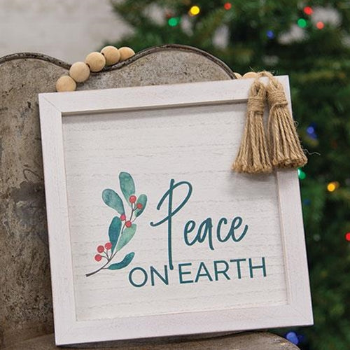 Peace On Earth Framed Sign w/Beads & Tassels