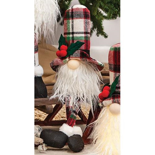 Sm Dangle Leg Plaid Santa Gnome w/LED Light