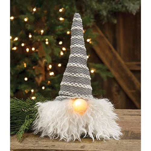 Sm Grey Hat Santa Gnome w/LED Light Nose