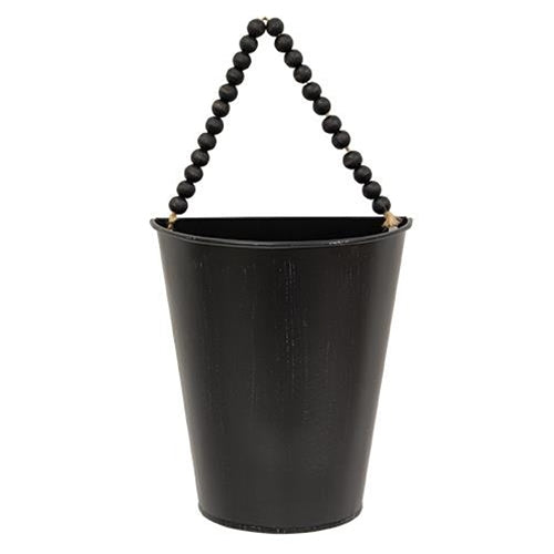 Distressed Black Metal Half Wall Bucket w/Bead Hanger