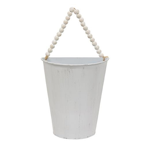 Distressed White Metal Half Wall Bucket w/Bead Hanger